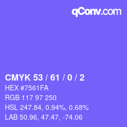 カラーコード: CMYK 53 / 61 / 0 / 2 | qconv.com