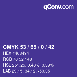 カラーコード: CMYK 53 / 65 / 0 / 42 | qconv.com