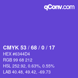 カラーコード: CMYK 53 / 68 / 0 / 17 | qconv.com