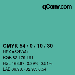 Code couleur: CMYK 54 / 0 / 10 / 30 | qconv.com
