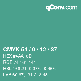 Color code: CMYK 54 / 0 / 12 / 37 | qconv.com