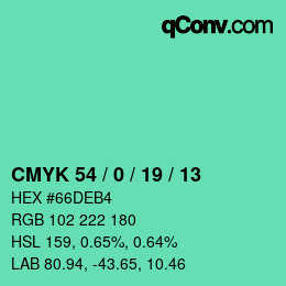 カラーコード: CMYK 54 / 0 / 19 / 13 | qconv.com
