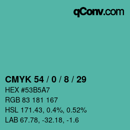 カラーコード: CMYK 54 / 0 / 8 / 29 | qconv.com