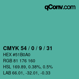Color code: CMYK 54 / 0 / 9 / 31 | qconv.com