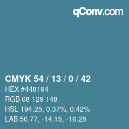 カラーコード: CMYK 54 / 13 / 0 / 42 | qconv.com