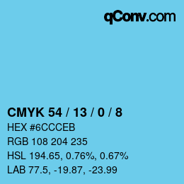 颜色代码: CMYK 54 / 13 / 0 / 8 | qconv.com