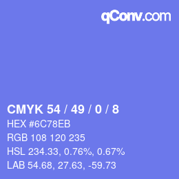 カラーコード: CMYK 54 / 49 / 0 / 8 | qconv.com