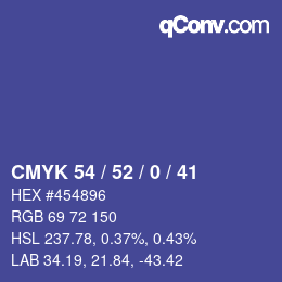 Code couleur: CMYK 54 / 52 / 0 / 41 | qconv.com