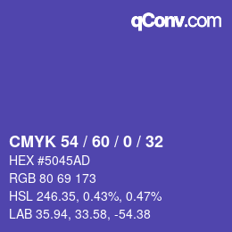 カラーコード: CMYK 54 / 60 / 0 / 32 | qconv.com