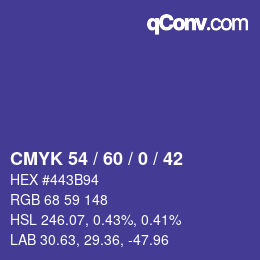カラーコード: CMYK 54 / 60 / 0 / 42 | qconv.com