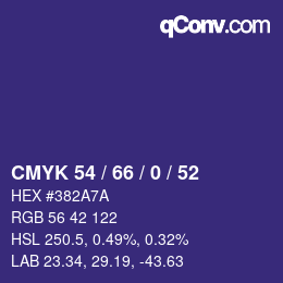 Color code: CMYK 54 / 66 / 0 / 52 | qconv.com