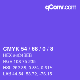 カラーコード: CMYK 54 / 68 / 0 / 8 | qconv.com