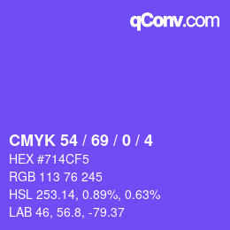 カラーコード: CMYK 54 / 69 / 0 / 4 | qconv.com