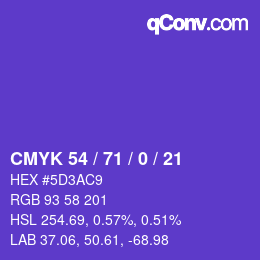 カラーコード: CMYK 54 / 71 / 0 / 21 | qconv.com