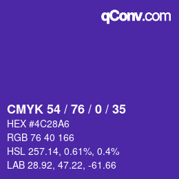 カラーコード: CMYK 54 / 76 / 0 / 35 | qconv.com