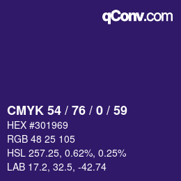 Farbcode: CMYK 54 / 76 / 0 / 59 | qconv.com