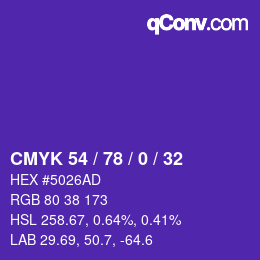 Code couleur: CMYK 54 / 78 / 0 / 32 | qconv.com