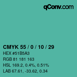 カラーコード: CMYK 55 / 0 / 10 / 29 | qconv.com