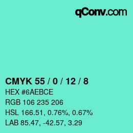 カラーコード: CMYK 55 / 0 / 12 / 8 | qconv.com