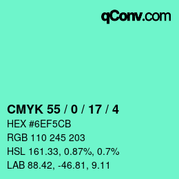 カラーコード: CMYK 55 / 0 / 17 / 4 | qconv.com