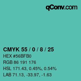 カラーコード: CMYK 55 / 0 / 8 / 25 | qconv.com