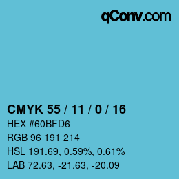 カラーコード: CMYK 55 / 11 / 0 / 16 | qconv.com