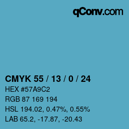 カラーコード: CMYK 55 / 13 / 0 / 24 | qconv.com