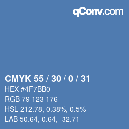 Code couleur: CMYK 55 / 30 / 0 / 31 | qconv.com