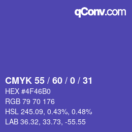 Farbcode: CMYK 55 / 60 / 0 / 31 | qconv.com