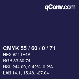 Farbcode: CMYK 55 / 60 / 0 / 71 | qconv.com