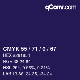 Farbcode: CMYK 55 / 71 / 0 / 67 | qconv.com