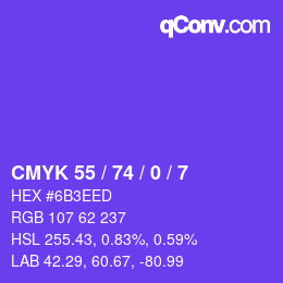 カラーコード: CMYK 55 / 74 / 0 / 7 | qconv.com