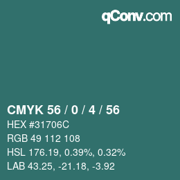 Code couleur: CMYK 56 / 0 / 4 / 56 | qconv.com