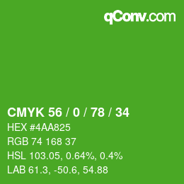 Farbcode: CMYK 56 / 0 / 78 / 34 | qconv.com