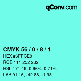 カラーコード: CMYK 56 / 0 / 8 / 1 | qconv.com