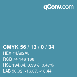 颜色代码: CMYK 56 / 13 / 0 / 34 | qconv.com