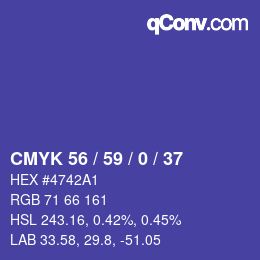カラーコード: CMYK 56 / 59 / 0 / 37 | qconv.com