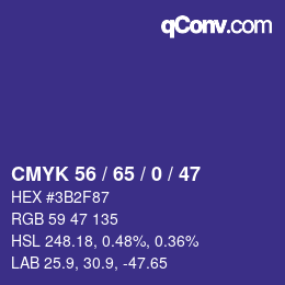 Code couleur: CMYK 56 / 65 / 0 / 47 | qconv.com