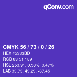 Color code: CMYK 56 / 73 / 0 / 26 | qconv.com