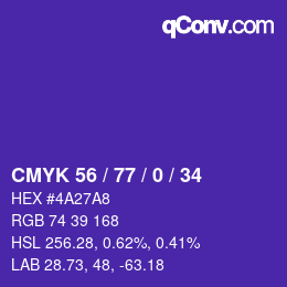 Color code: CMYK 56 / 77 / 0 / 34 | qconv.com