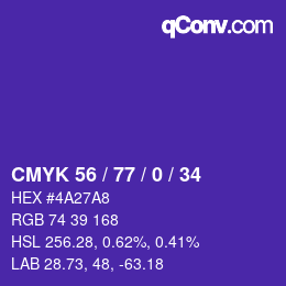 Color code: CMYK 56 / 77 / 0 / 34 | qconv.com