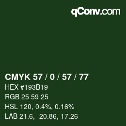 Farbcode: CMYK 57 / 0 / 57 / 77 | qconv.com