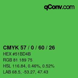 颜色代码: CMYK 57 / 0 / 60 / 26 | qconv.com
