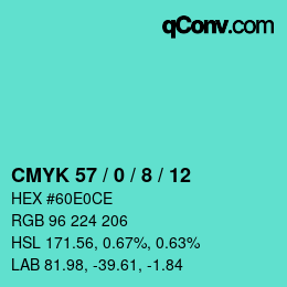 カラーコード: CMYK 57 / 0 / 8 / 12 | qconv.com