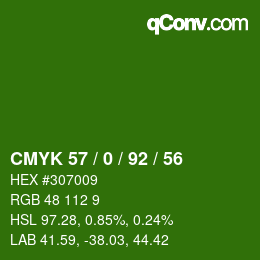 カラーコード: CMYK 57 / 0 / 92 / 56 | qconv.com