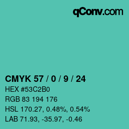 カラーコード: CMYK 57 / 0 / 9 / 24 | qconv.com