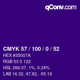 Farbcode: CMYK 57 / 100 / 0 / 52 | qconv.com