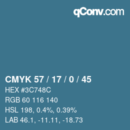 Code couleur: CMYK 57 / 17 / 0 / 45 | qconv.com