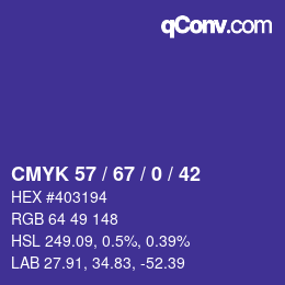 カラーコード: CMYK 57 / 67 / 0 / 42 | qconv.com