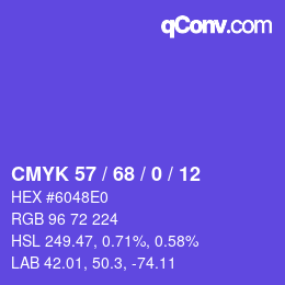 Code couleur: CMYK 57 / 68 / 0 / 12 | qconv.com